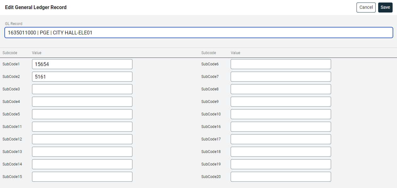 manage subcodes screen