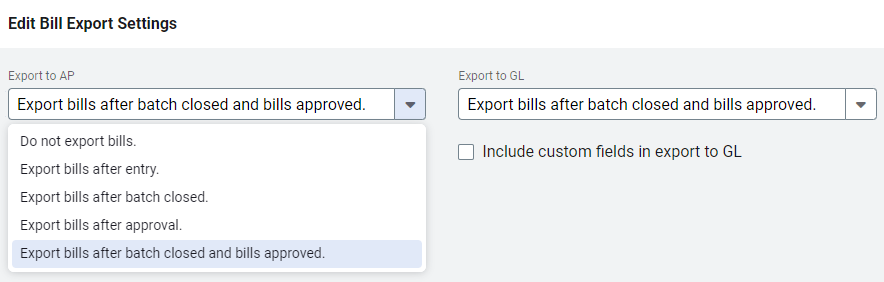 menu options for bill export