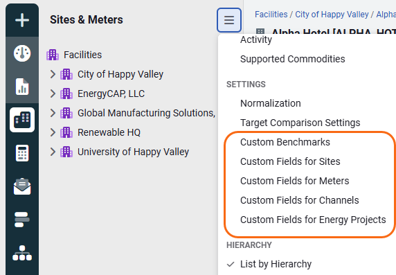 module menu for buildings and meters